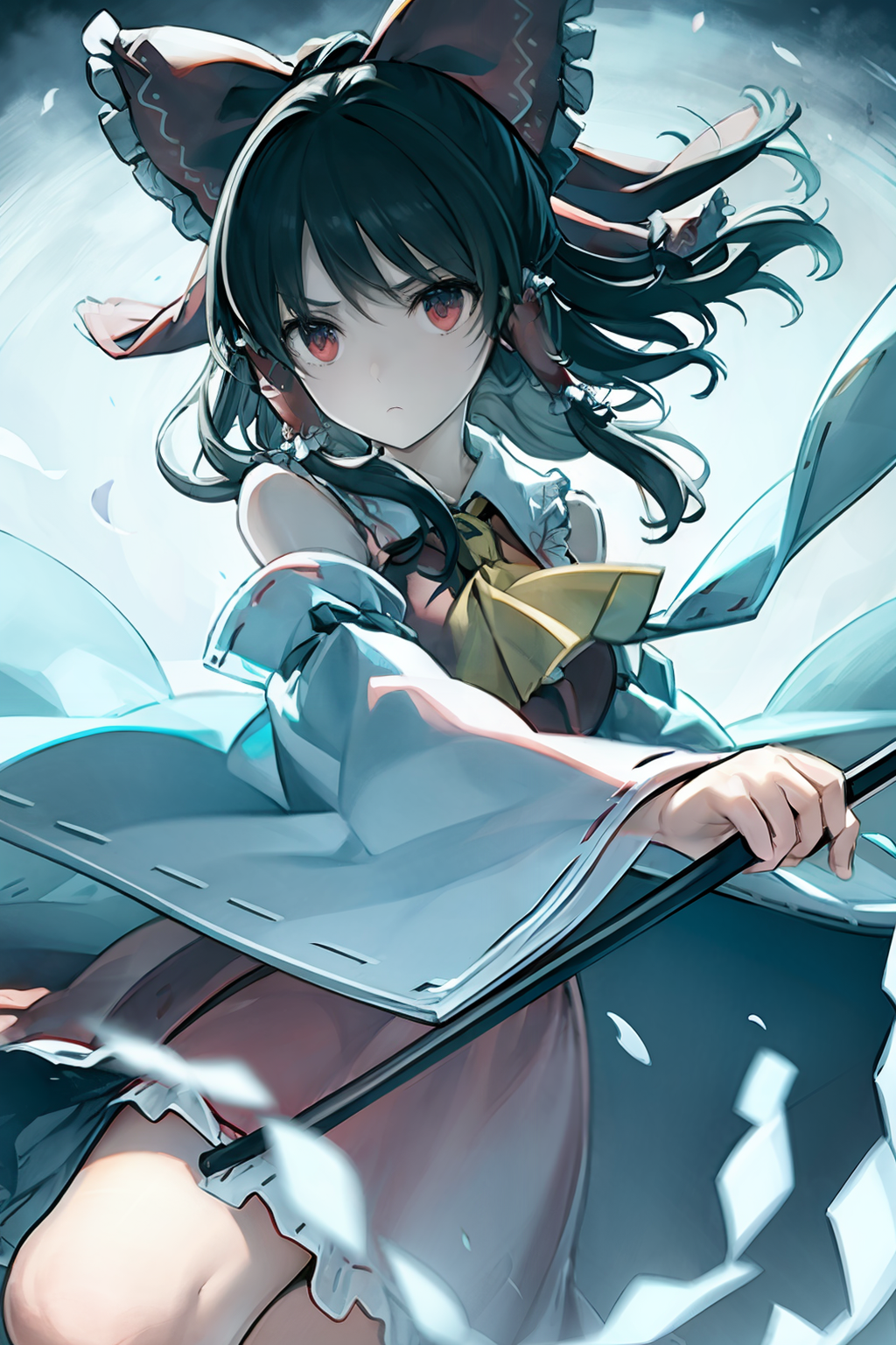 01671-4157901898-masterpiece, best quality,   _lora_reimu_1_,1girl, solo, hakurei reimu, bow, hair bow, danmaku, red bow, gohei, detached sleeves.png